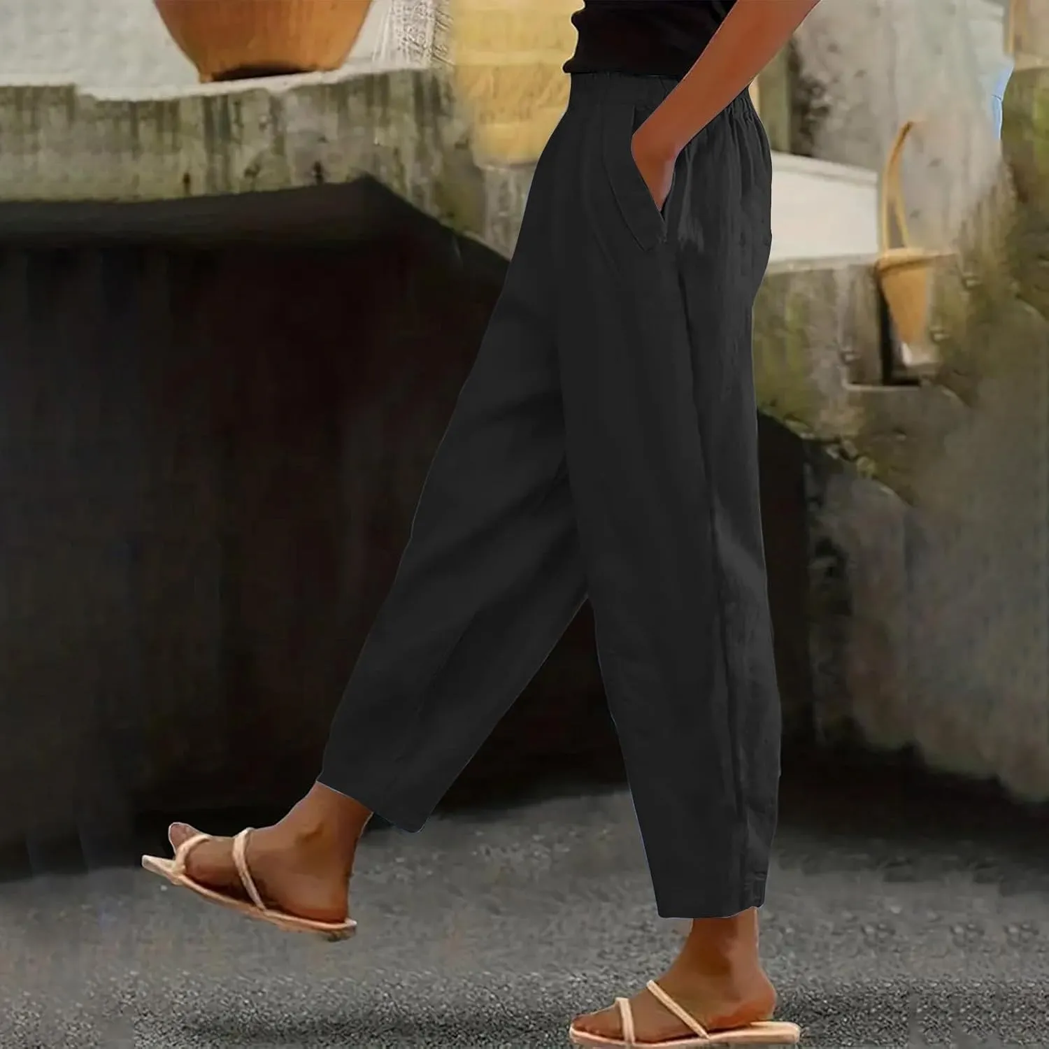 Linen Capri Pants for Women with Petite Summer Beachwear Lightweight Elastic Waist Pants