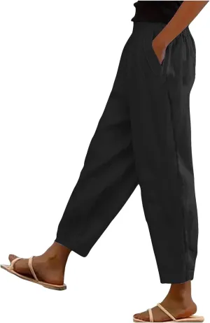 Linen Capri Pants for Women with Petite Summer Beachwear Lightweight Elastic Waist Pants