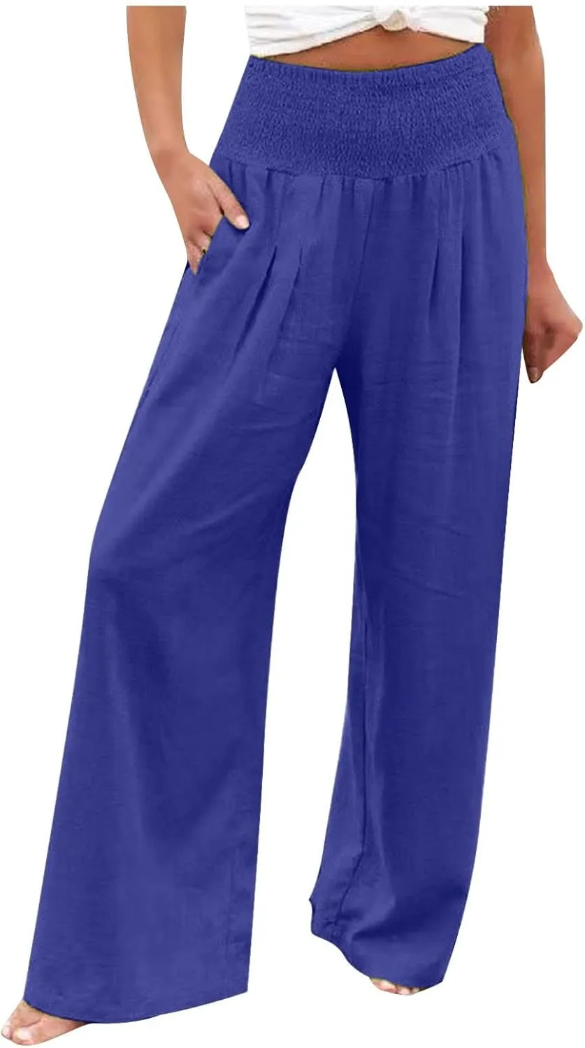 Linen Pants Women Summer Boho Wide Leg High Waist Casual Lounge Pants 2025 Beach Travel Vacation Outfits Linen Pants