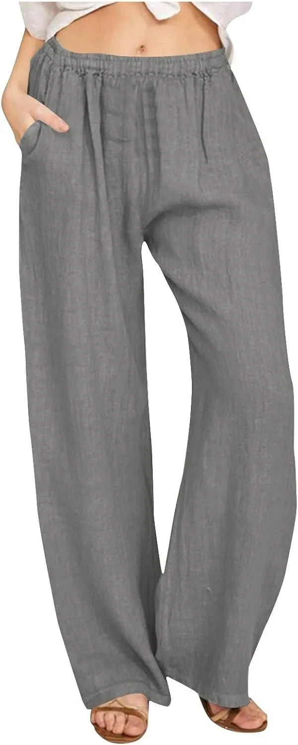 Linen Pants Women Summer Drawstring Waist Wide Leg Loose Cotton Linen Palazzo Pants Vacation Beach Pants with Pockets