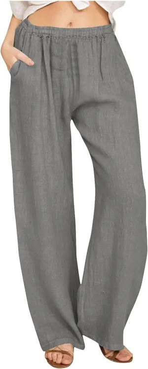 Linen Pants Women Summer Drawstring Waist Wide Leg Loose Cotton Linen Palazzo Pants Vacation Beach Pants with Pockets