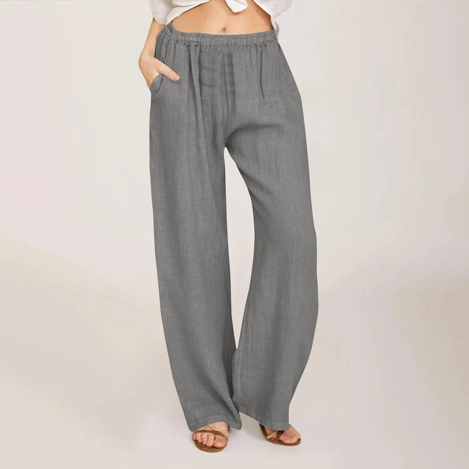 Linen Pants Women Summer Drawstring Waist Wide Leg Loose Cotton Linen Palazzo Pants Vacation Beach Pants with Pockets