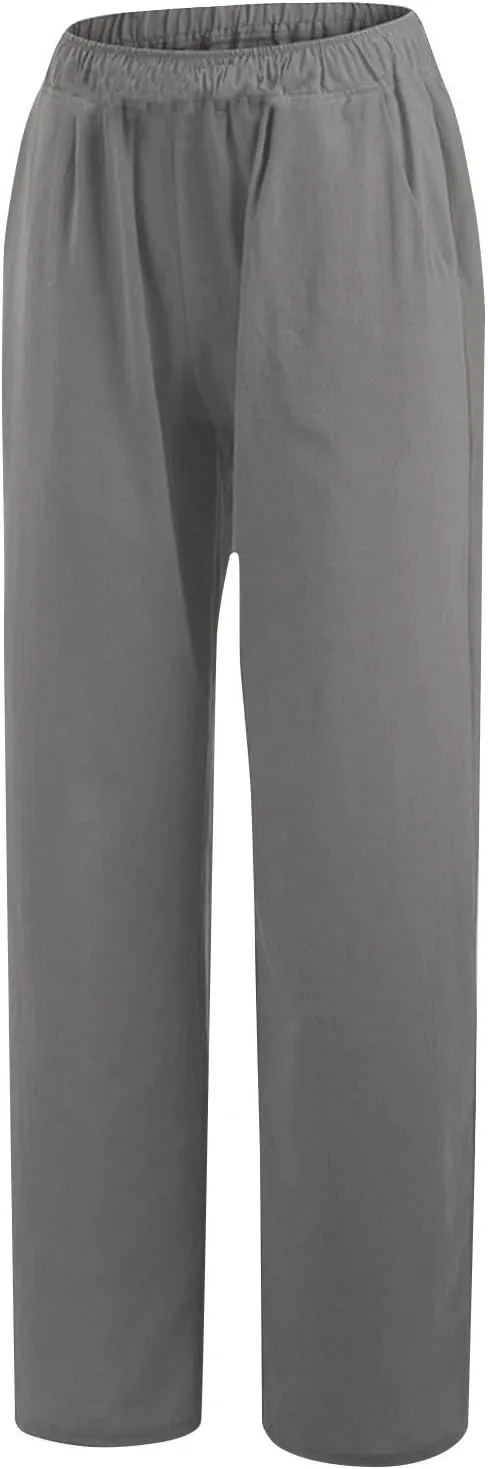 Linen Pants Women Summer Drawstring Waist Wide Leg Loose Cotton Linen Palazzo Pants Vacation Beach Pants with Pockets