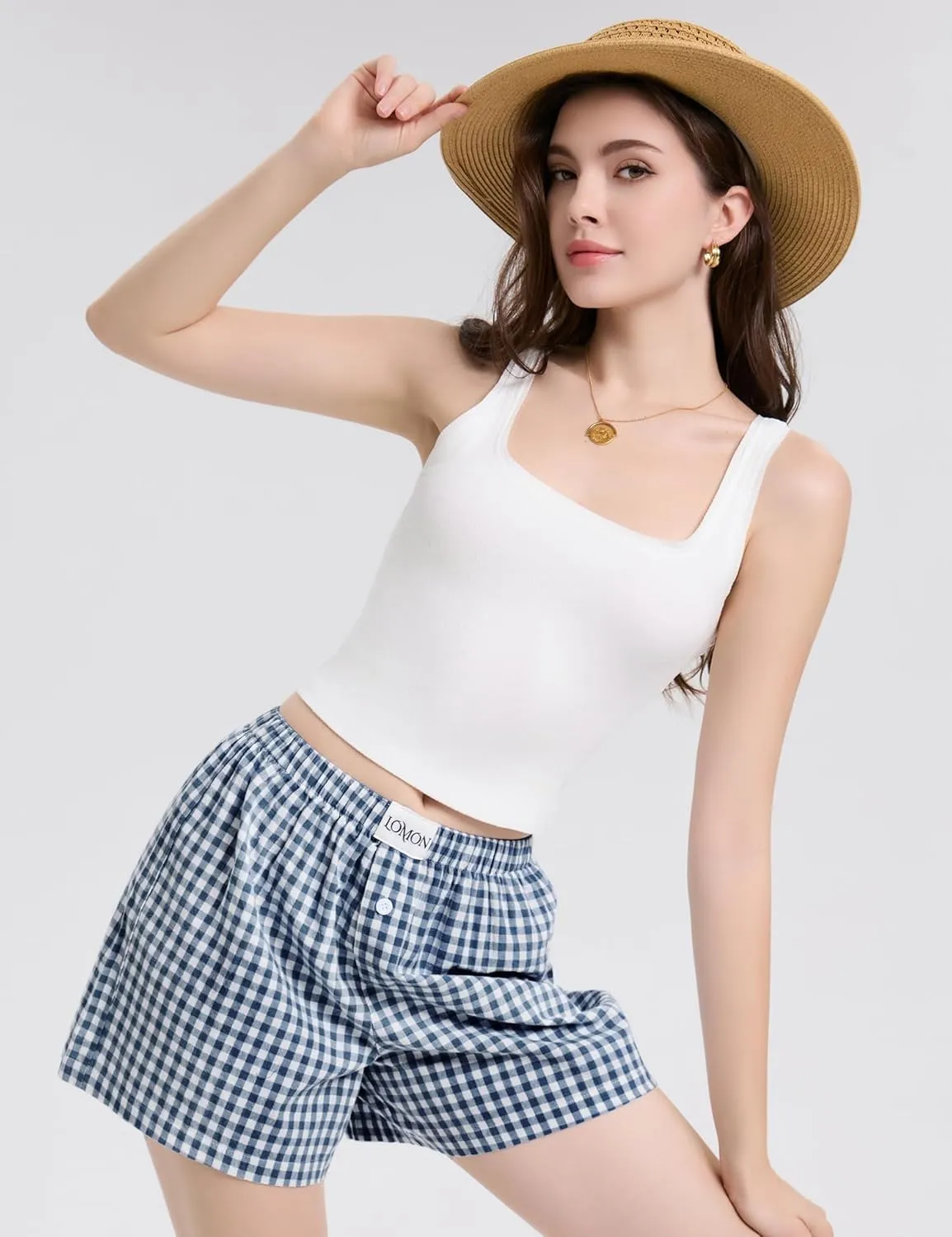 LOMON Womens Boxer Shorts Casual Summer Cotton Pajama Lounge Sleep Pj Gingham Plaid Shorts Y2K Beach Bottoms