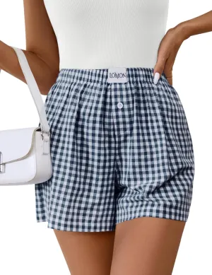 LOMON Womens Boxer Shorts Casual Summer Cotton Pajama Lounge Sleep Pj Gingham Plaid Shorts Y2K Beach Bottoms