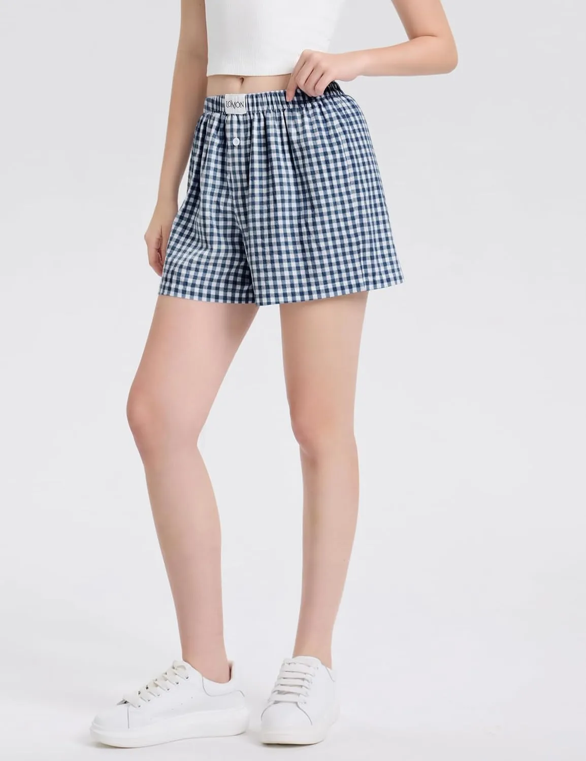 LOMON Womens Boxer Shorts Casual Summer Cotton Pajama Lounge Sleep Pj Gingham Plaid Shorts Y2K Beach Bottoms