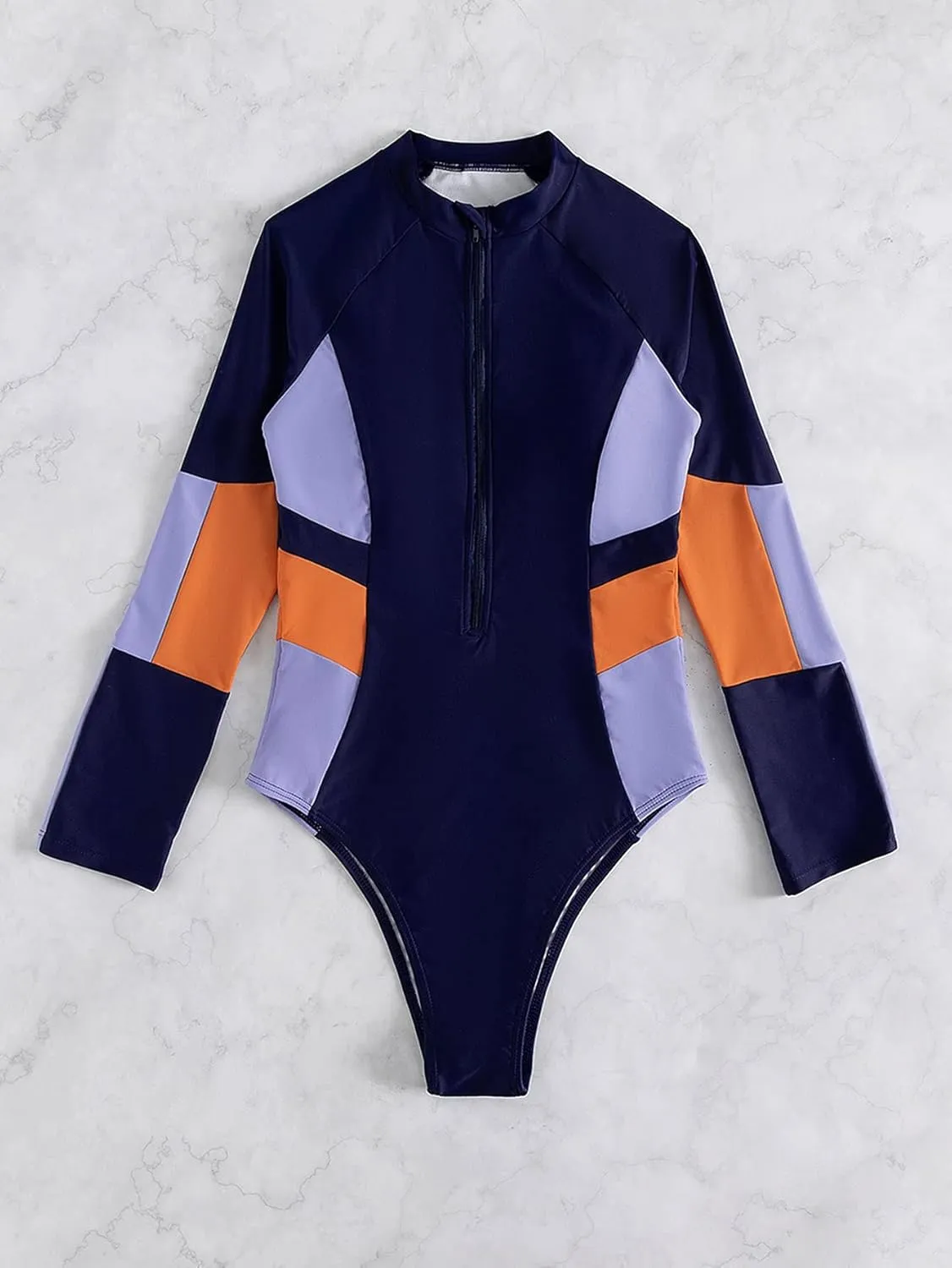 MakeMeChic Women's Color Block Long Sleeve Zip Front One Piece Swimsuit Bathing Suit