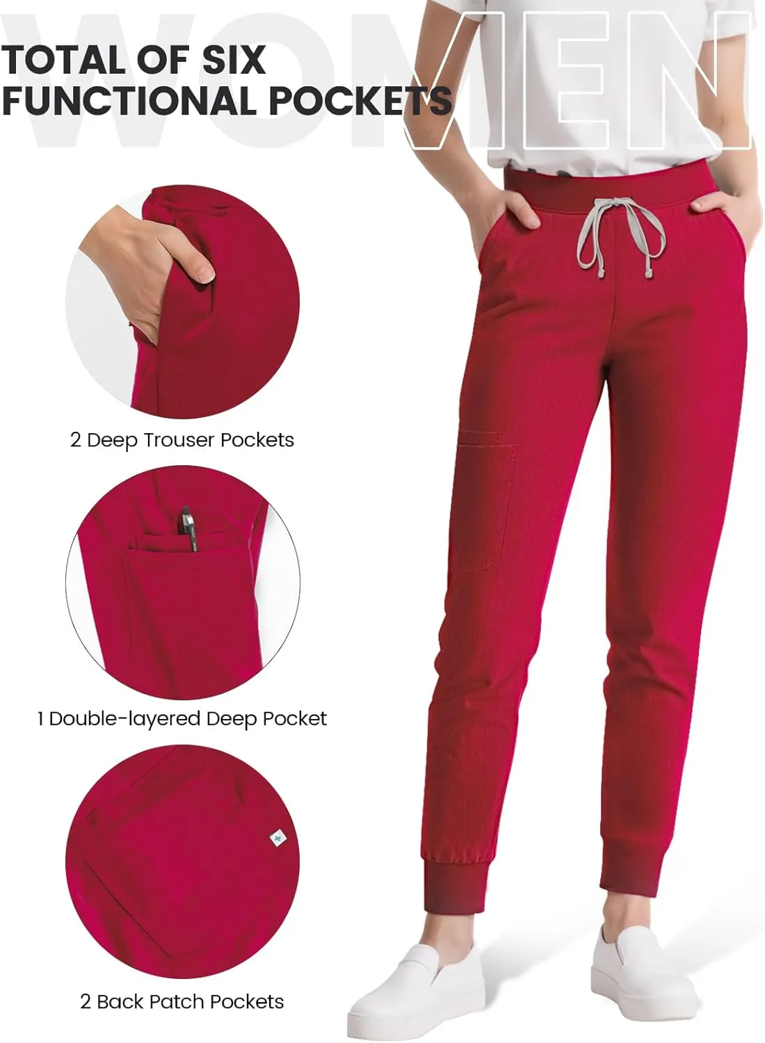Medical Scrub Pants for Women, Jogger Pants with 6 Pockets, Soft Womens Scrubs Pant Drawstring Mid-Rise Cargo Pants