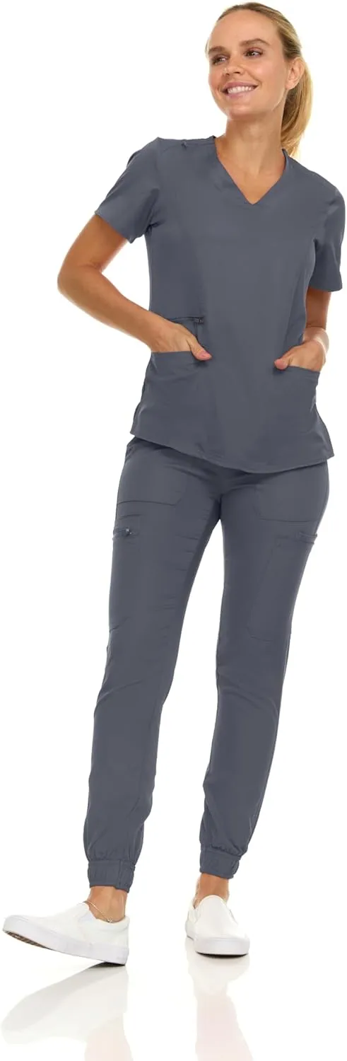 MediChic Scrubs for Women's V-Neck Scrub Set with Six Pocket Cargo Jogger Pants with 4-Way Stretch