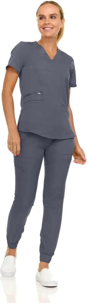 MediChic Scrubs for Women's V-Neck Scrub Set with Six Pocket Cargo Jogger Pants with 4-Way Stretch