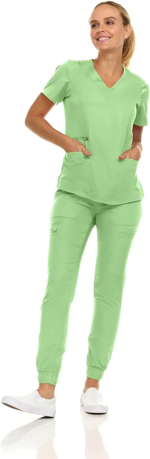 MediChic Scrubs for Women's V-Neck Scrub Set with Six Pocket Cargo Jogger Pants with 4-Way Stretch