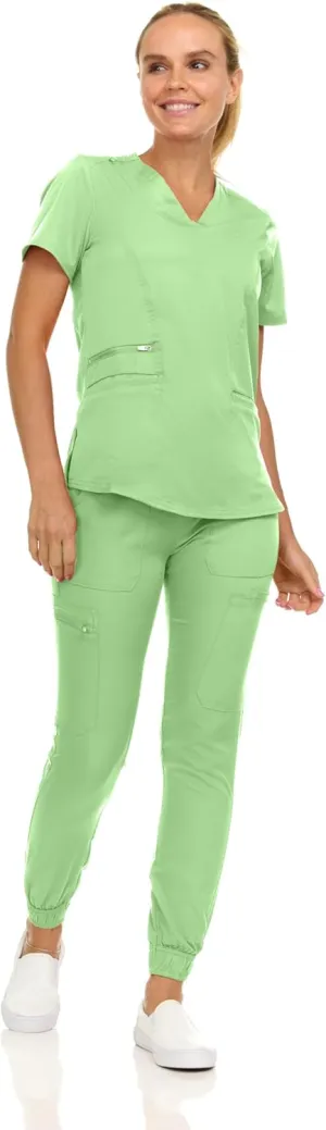 MediChic Scrubs for Women's V-Neck Scrub Set with Six Pocket Cargo Jogger Pants with 4-Way Stretch