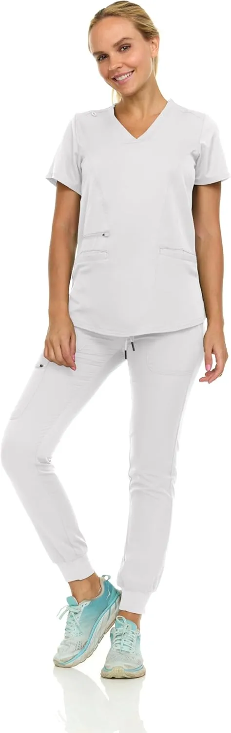 MediChic Scrubs for Women's V-Neck Scrub Set with Six Pocket Ribbed Cargo Jogger Pants with 4-Way Stretch