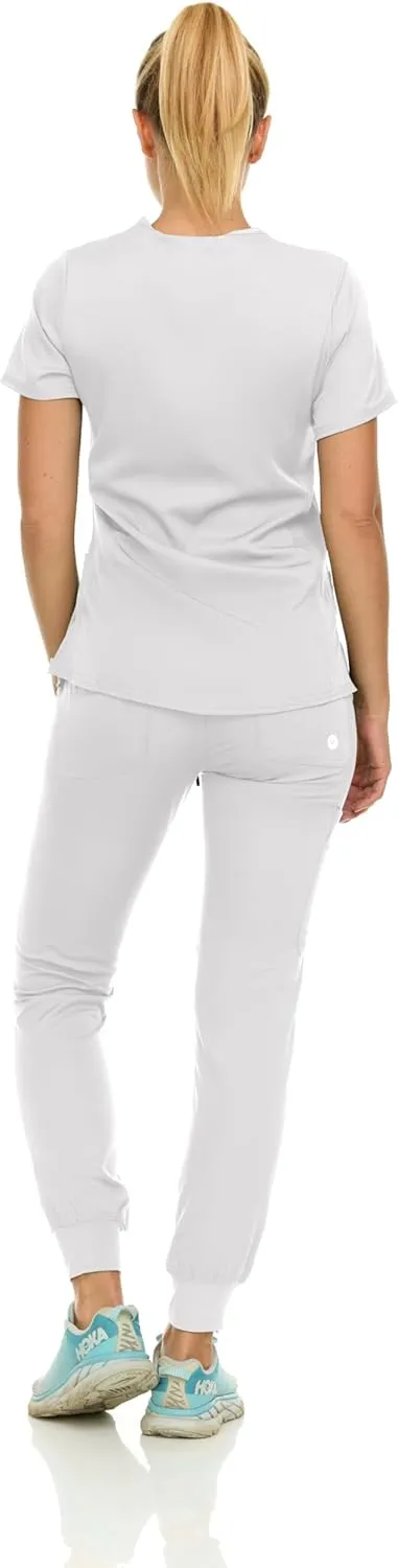 MediChic Scrubs for Women's V-Neck Scrub Set with Six Pocket Ribbed Cargo Jogger Pants with 4-Way Stretch
