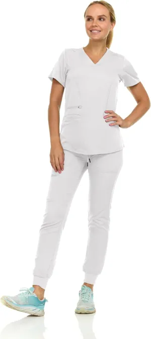 MediChic Scrubs for Women's V-Neck Scrub Set with Six Pocket Ribbed Cargo Jogger Pants with 4-Way Stretch
