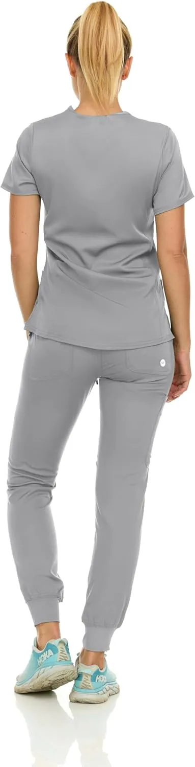 MediChic Scrubs for Women's V-Neck Scrub Set with Six Pocket Ribbed Cargo Jogger Pants with 4-Way Stretch
