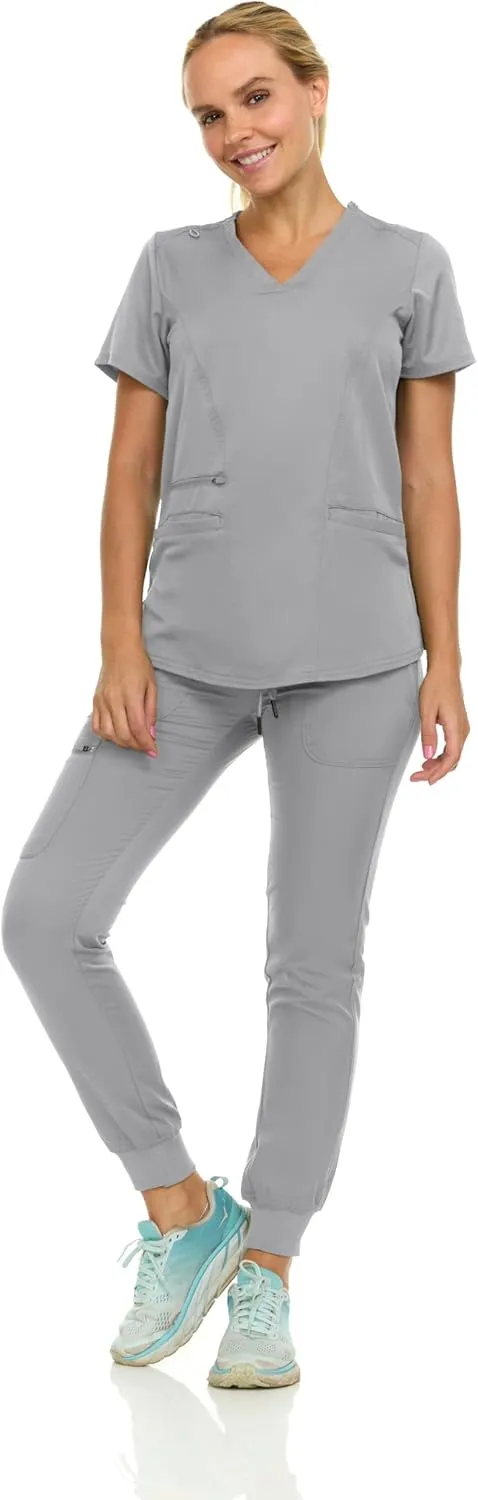 MediChic Scrubs for Women's V-Neck Scrub Set with Six Pocket Ribbed Cargo Jogger Pants with 4-Way Stretch