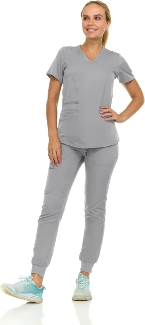 MediChic Scrubs for Women's V-Neck Scrub Set with Six Pocket Ribbed Cargo Jogger Pants with 4-Way Stretch