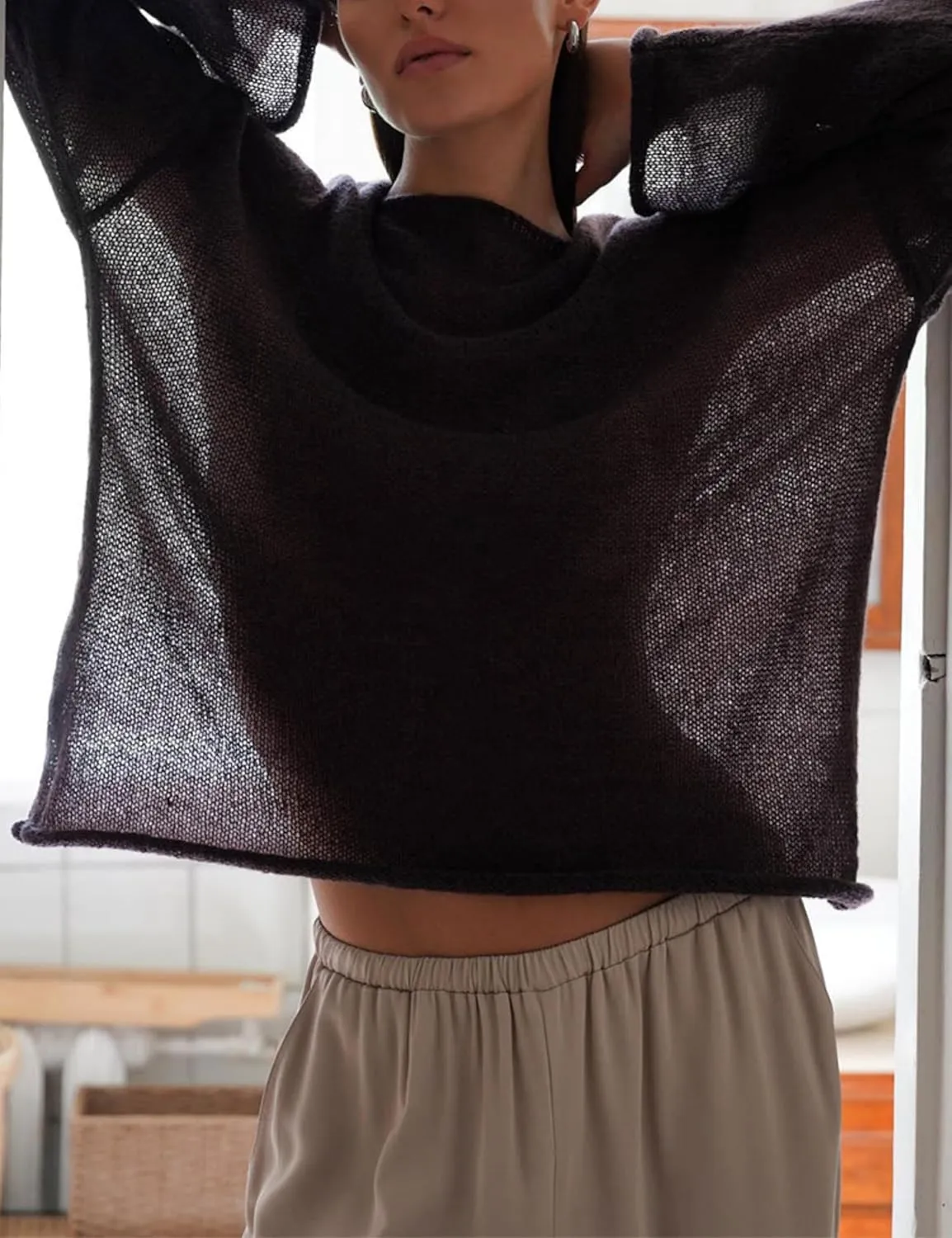 Melliflo Women Long Sleeve Sheer Mesh Knit Sweater Oversized Crochet Lightweight Sweater Y2K Summer Loose Hollow Out Pullover