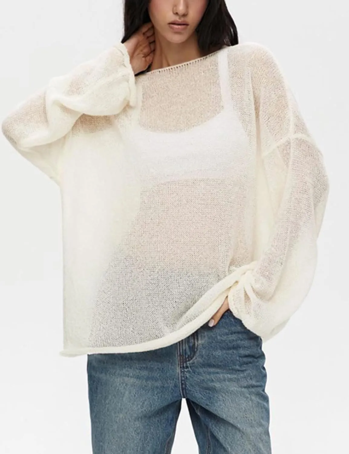 Melliflo Women Long Sleeve Sheer Mesh Knit Sweater Oversized Crochet Lightweight Sweater Y2K Summer Loose Hollow Out Pullover