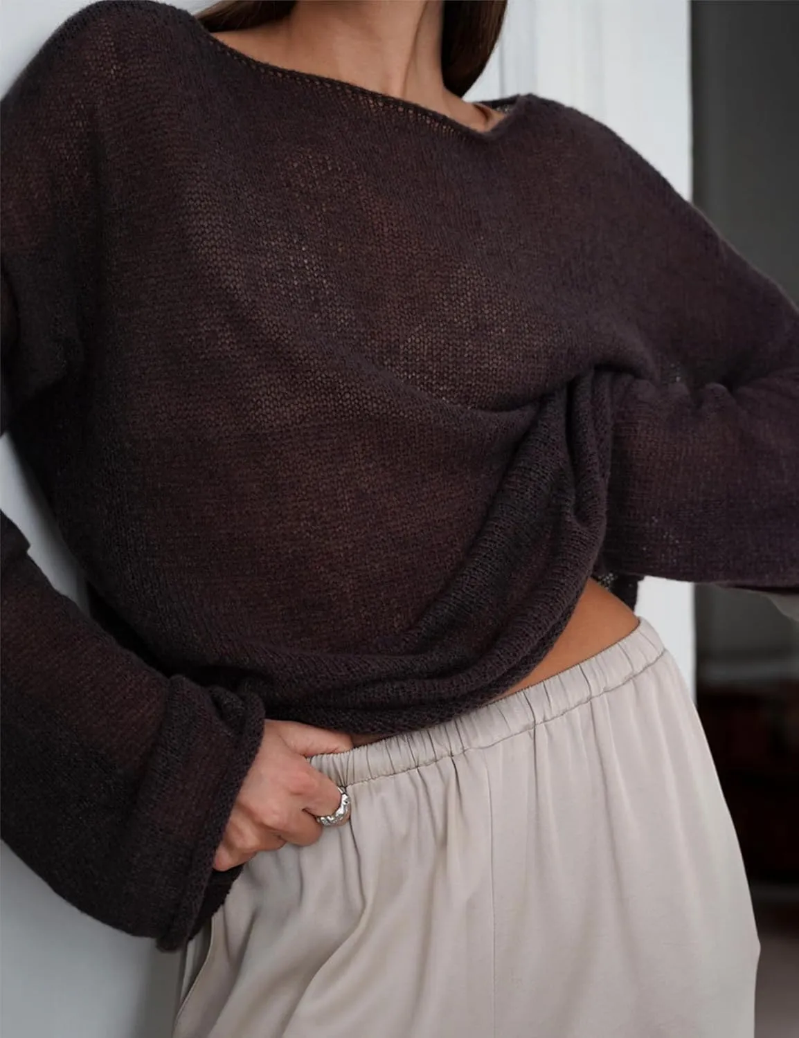 Melliflo Women Long Sleeve Sheer Mesh Knit Sweater Oversized Crochet Lightweight Sweater Y2K Summer Loose Hollow Out Pullover
