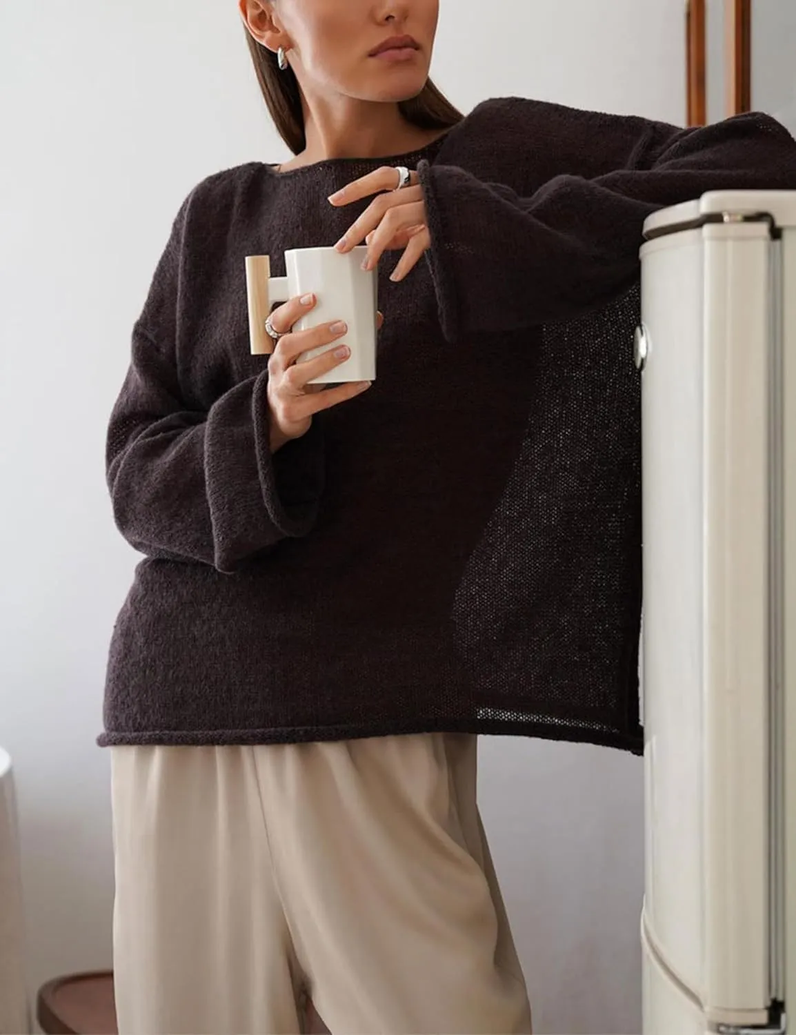 Melliflo Women Long Sleeve Sheer Mesh Knit Sweater Oversized Crochet Lightweight Sweater Y2K Summer Loose Hollow Out Pullover