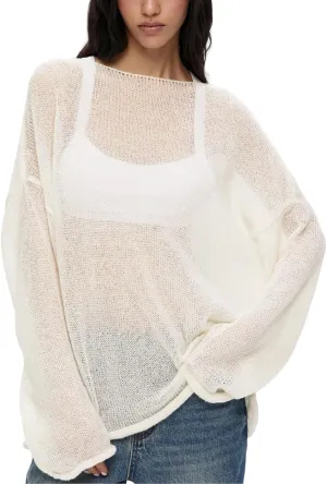 Melliflo Women Long Sleeve Sheer Mesh Knit Sweater Oversized Crochet Lightweight Sweater Y2K Summer Loose Hollow Out Pullover