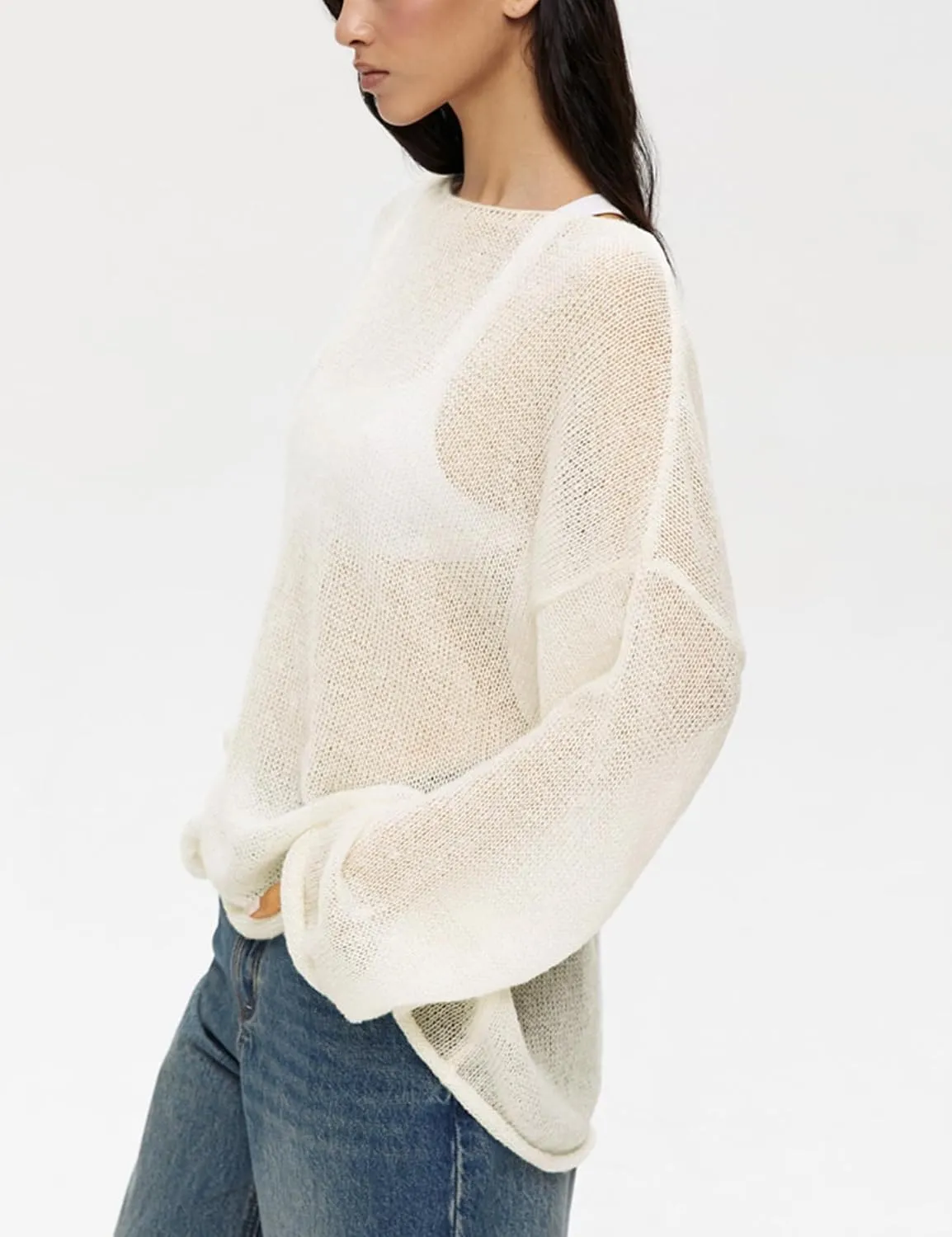 Melliflo Women Long Sleeve Sheer Mesh Knit Sweater Oversized Crochet Lightweight Sweater Y2K Summer Loose Hollow Out Pullover