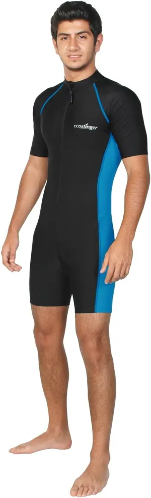 Men Sun Protective Sunsuit Full Body Swimsuit Short Sleeves UPF50  Black Blue