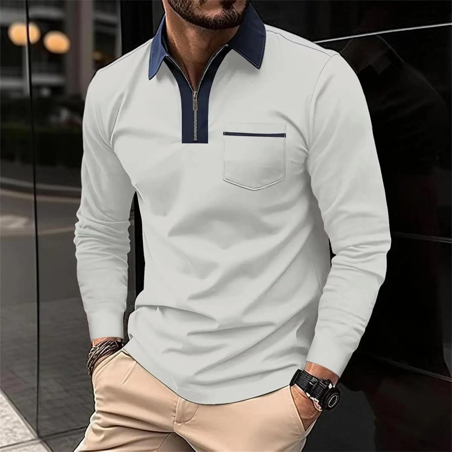 Mens Casual Quarter Zip Polo Shirt Business Office Work Slim Fit Long Sleeve Stretch Lightweight Sports Golf Collared T Shirt