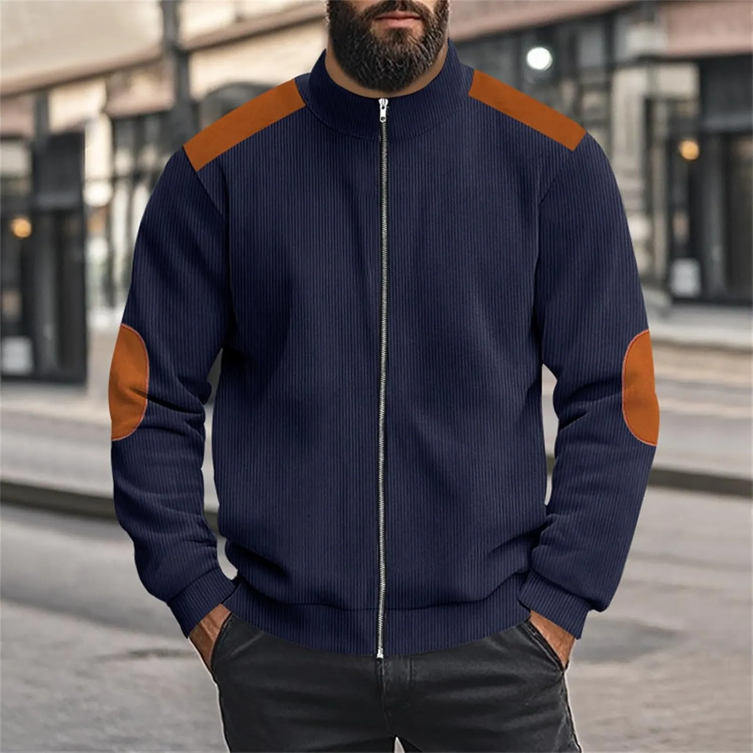 Men's Corduroy Zip Up Jackets Casual Lightweight Stand Collar Stripe Cardigan Trendy Patchwork Long Sleeve Coats