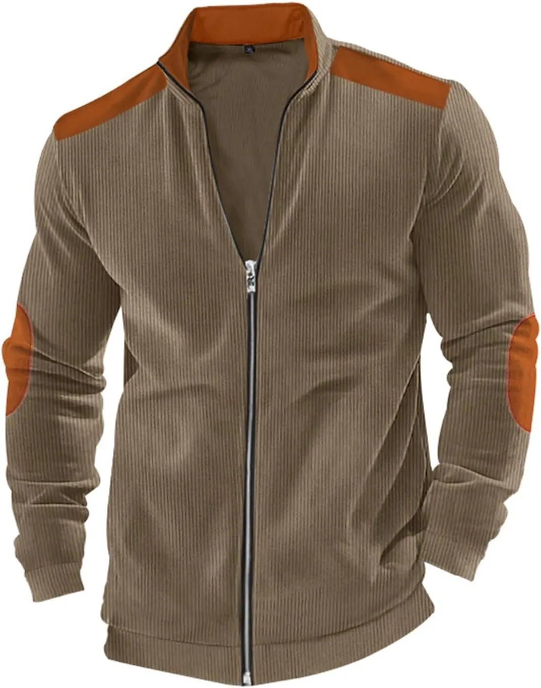 Men's Corduroy Zip Up Jackets Casual Lightweight Stand Collar Stripe Cardigan Trendy Patchwork Long Sleeve Coats