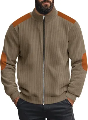 Men's Corduroy Zip Up Jackets Casual Lightweight Stand Collar Stripe Cardigan Trendy Patchwork Long Sleeve Coats