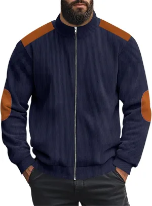 Men's Corduroy Zip Up Jackets Casual Lightweight Stand Collar Stripe Cardigan Trendy Patchwork Long Sleeve Coats