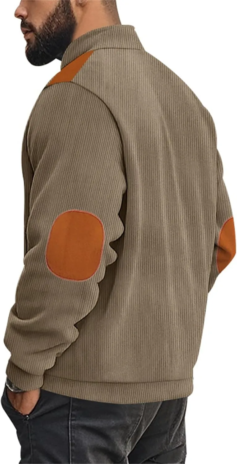 Men's Corduroy Zip Up Jackets Casual Lightweight Stand Collar Stripe Cardigan Trendy Patchwork Long Sleeve Coats