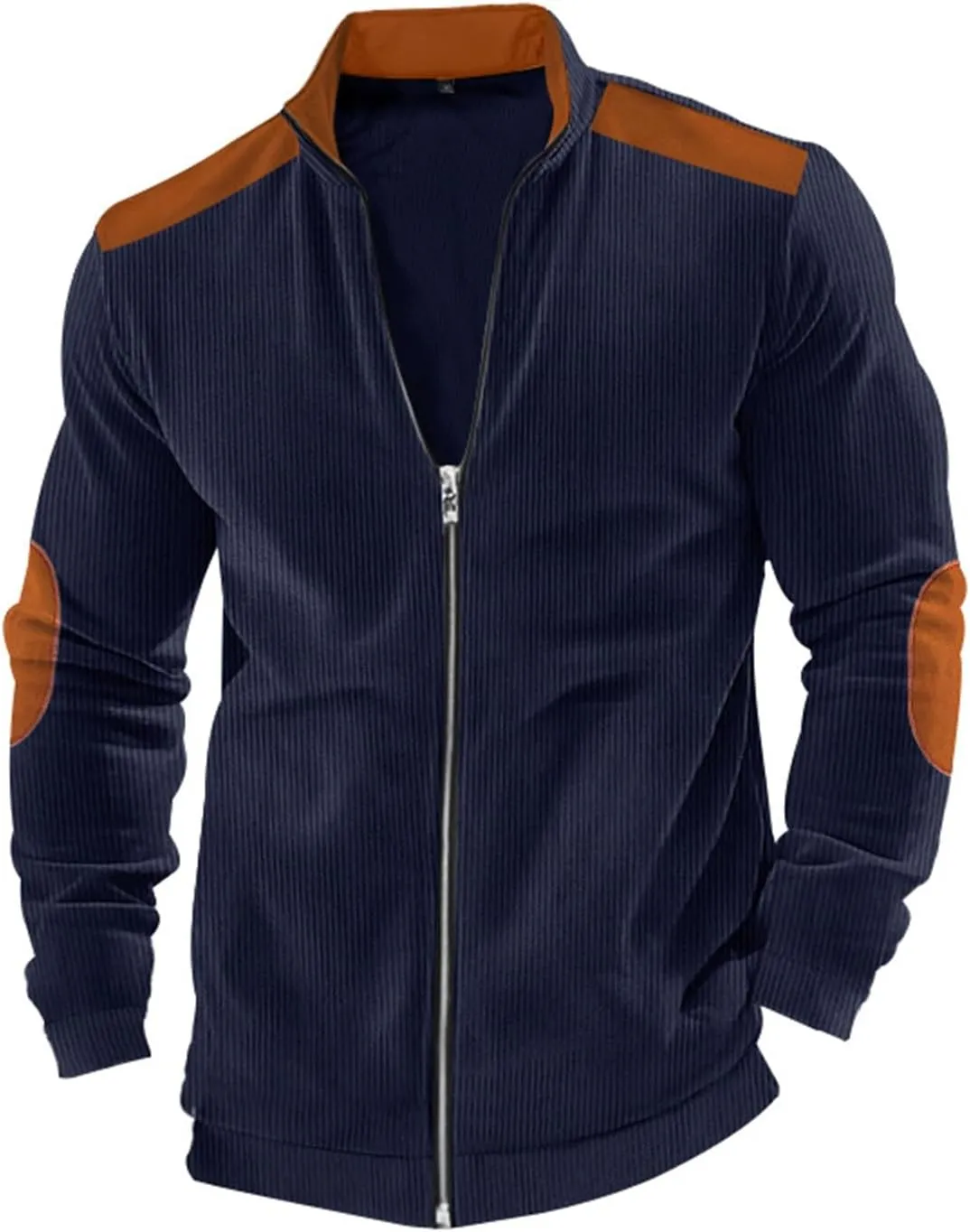Men's Corduroy Zip Up Jackets Casual Lightweight Stand Collar Stripe Cardigan Trendy Patchwork Long Sleeve Coats