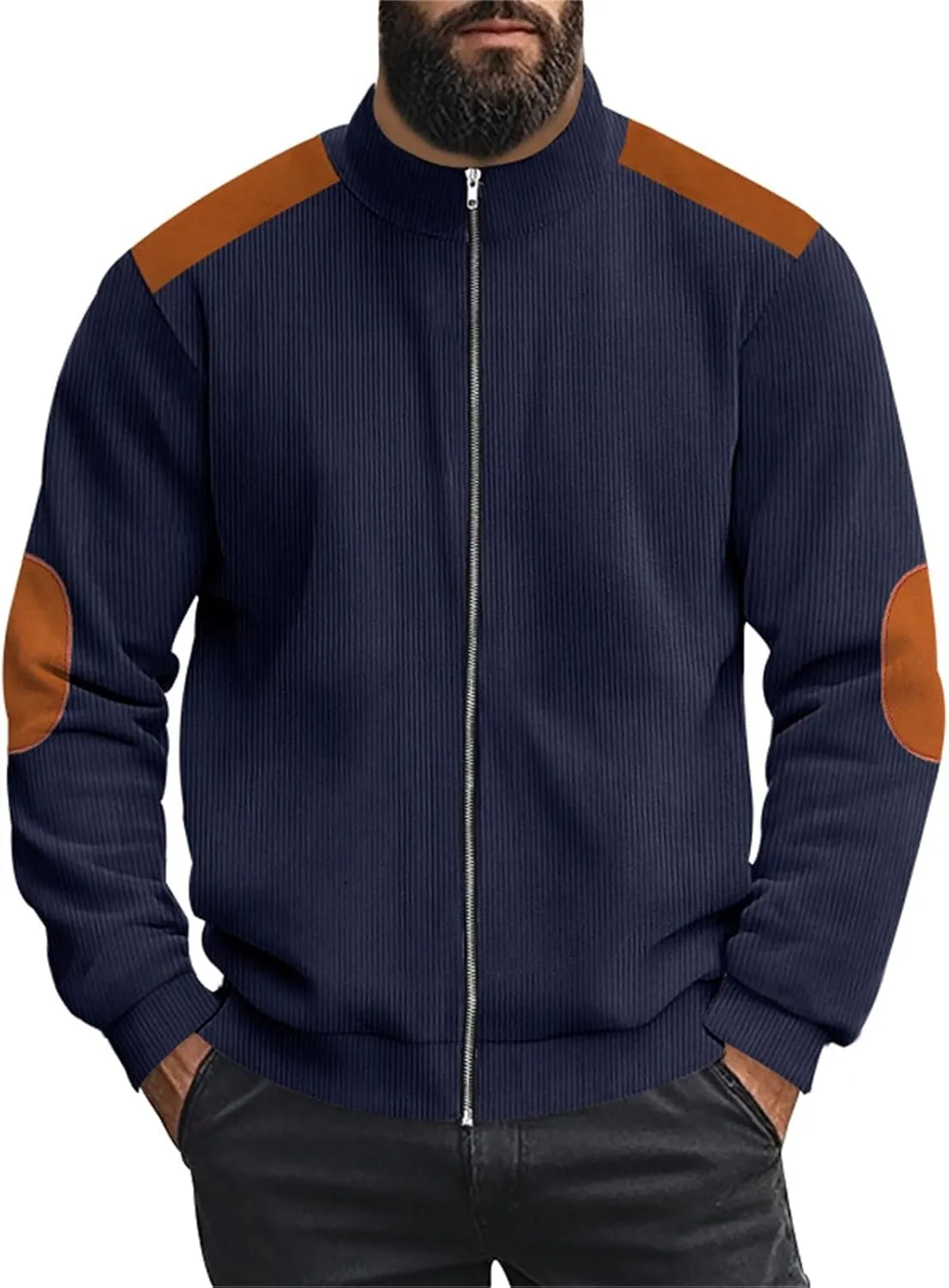 Men's Corduroy Zip Up Jackets Casual Lightweight Stand Collar Stripe Cardigan Trendy Patchwork Long Sleeve Coats