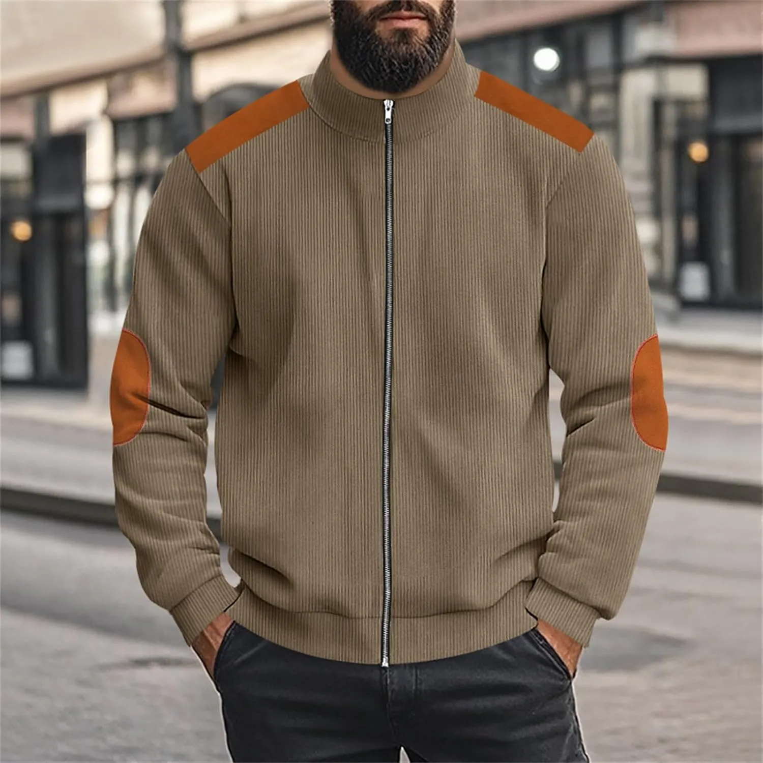 Men's Corduroy Zip Up Jackets Casual Lightweight Stand Collar Stripe Cardigan Trendy Patchwork Long Sleeve Coats