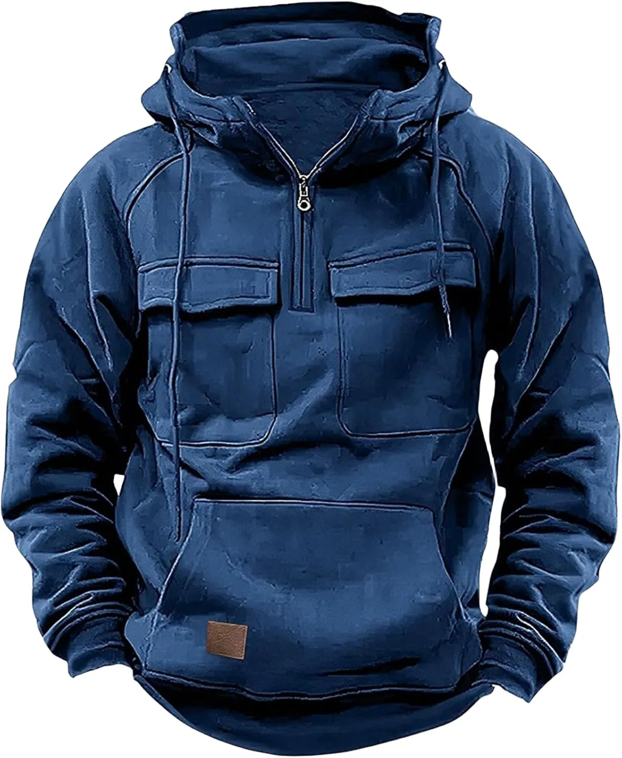 Men's Fall Quarter Zip Tactical Hooded Sweatshirt Multi Pockets Jacket Sportwear Long Sleeve Solid Pullover