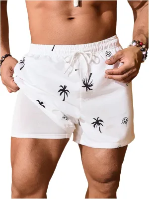 Men's Graphic Swim Trunks Drawstring Waist Beach Shorts Quick Dry Board Shorts with Compression Liner