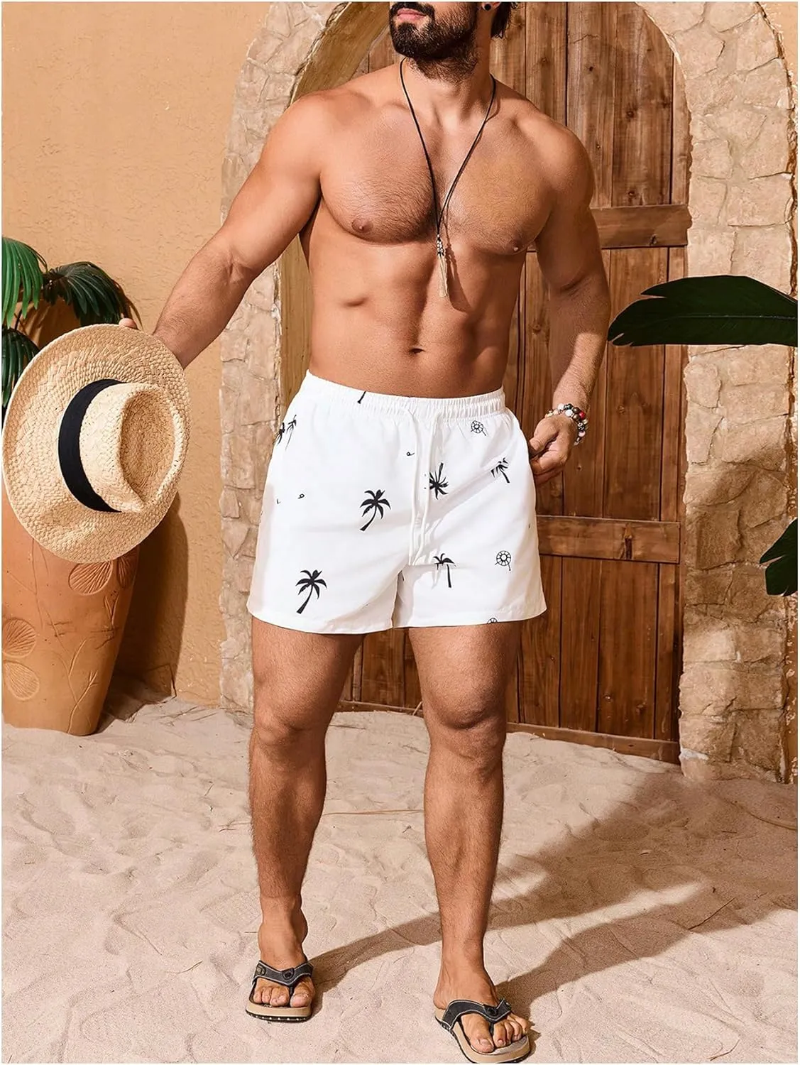 Men's Graphic Swim Trunks Drawstring Waist Beach Shorts Quick Dry Board Shorts with Compression Liner