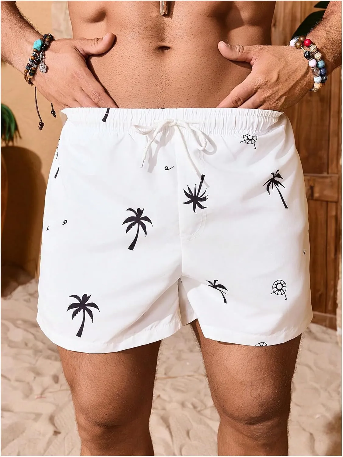 Men's Graphic Swim Trunks Drawstring Waist Beach Shorts Quick Dry Board Shorts with Compression Liner