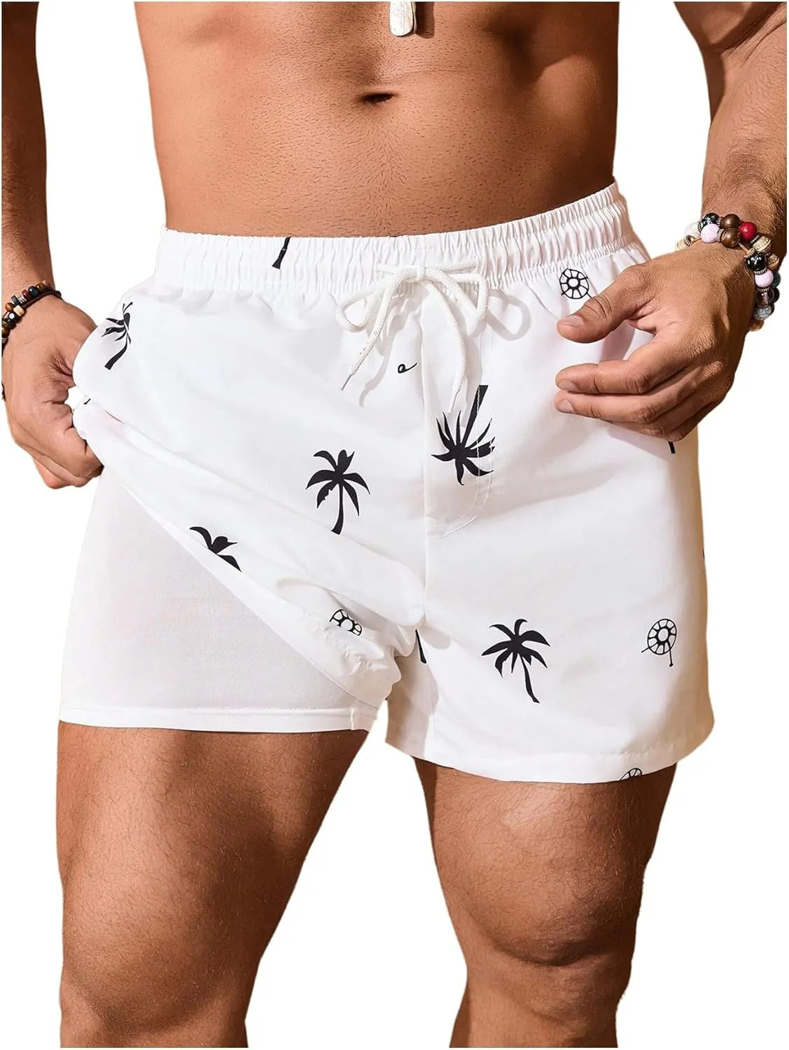 Men's Graphic Swim Trunks Drawstring Waist Beach Shorts Quick Dry Board Shorts with Compression Liner