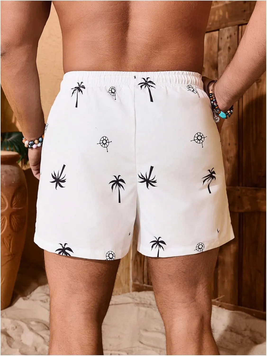 Men's Graphic Swim Trunks Drawstring Waist Beach Shorts Quick Dry Board Shorts with Compression Liner