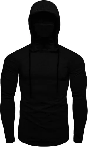 Mens Hoodie With Face Mask Turtleneck Compression Tee Tops Running Long Short Sleeve Sportwear