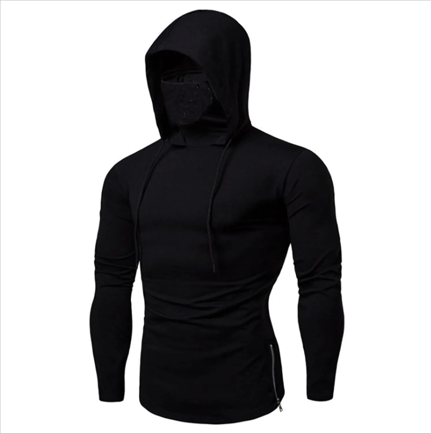 Mens Hoodie With Face Mask Turtleneck Compression Tee Tops Running Long Short Sleeve Sportwear