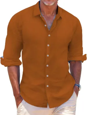 Men's Linen Shirts Casual Long Sleeve T-Shirt Button Down Summer Beach Vacation Hawaiian Shirts for Men
