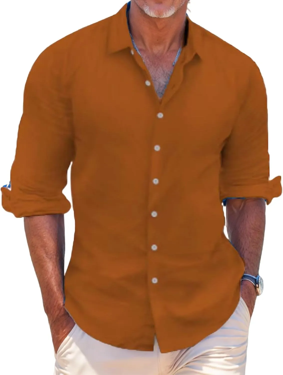 Men's Linen Shirts Casual Long Sleeve T-Shirt Button Down Summer Beach Vacation Hawaiian Shirts for Men