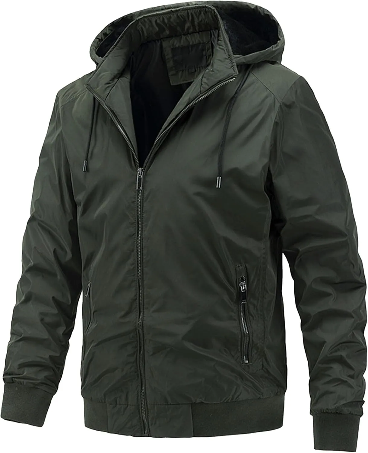 Men's Packable Hooded Bomber Jacket Lightweight Sportwear Zipper Windbreaker Business Casual Cotton Varsity Coat