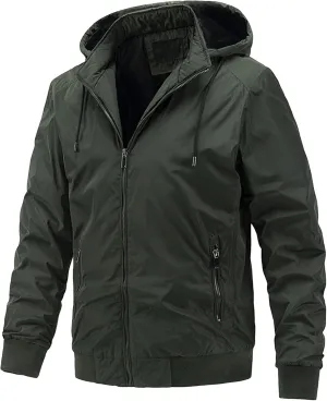 Men's Packable Hooded Bomber Jacket Lightweight Sportwear Zipper Windbreaker Business Casual Cotton Varsity Coat